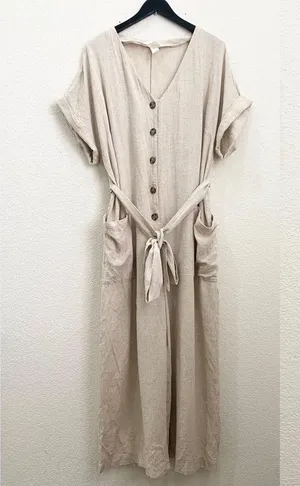H&M Beige Linen Blend V Neck Button Front Jumpsuit Romper Size XL thumbnail 5