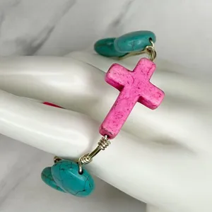 Silver Tone Faux Turquoise Beaded Pink Cross Small Wire Bangle Bracelet thumbnail 10