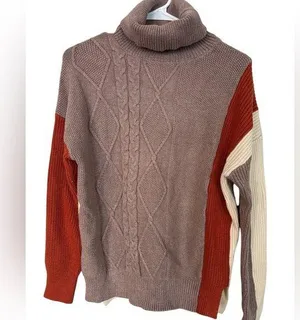 C+D+M Womens M Cream Colorblock Cable Knit Tunic Sweater Turtleneck Long Sleeve thumbnail 1