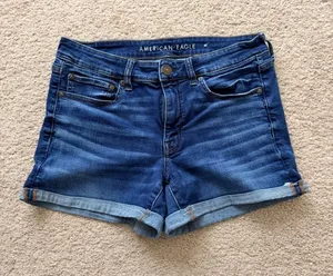 American Eagle Outfitters Dark Blue Denim Rolled-Hem Women's Shorts thumbnail 1
