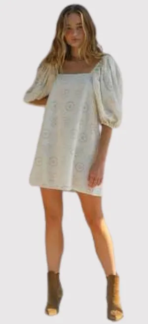 Jen's Pirate Booty Womens Dress Beige Mini Eyelet Puffed Babydoll A Line Small thumbnail 1