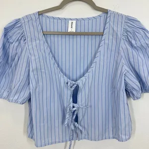 Abound Blue Striped Puff Sleeve Square Neck Tie Front Crop‎ Top Womens L thumbnail 7