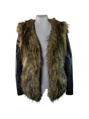Bardot Womens Faux Fur Leather Long Sleeves Jacket Coat Black Tan Size 6 thumbnail 2