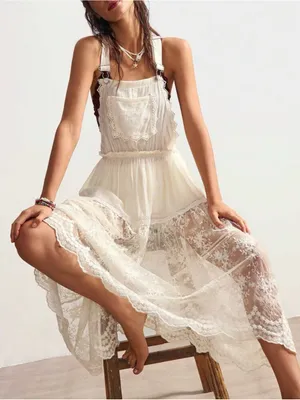 Lace-Trim Pink Apron Dress with Cream Lace Skirt thumbnail 2