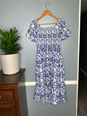 Blue & White Smocked Square Neck Floral Midi Dress Medium thumbnail 6