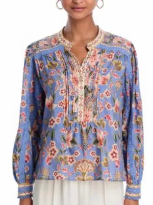 FARM Rio Super Bloom Tapestry Blue Floral Blouse Top Size M thumbnail 1