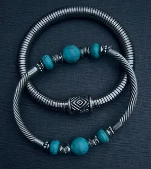 Set of 2 Silver & Turquoise Beaded Bracelets Boho Western Southwestern Jewelry thumbnail 1