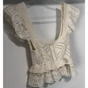 ZARA Women’s S Cream Crochet Knit Lace Ruffle Peplum Top Boho Romantic Festival thumbnail 5