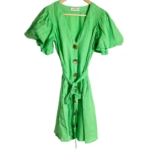 Nicholas Troy Green Linen Button Front Tie Waist Short Sleeve Dress Size 4 thumbnail 3