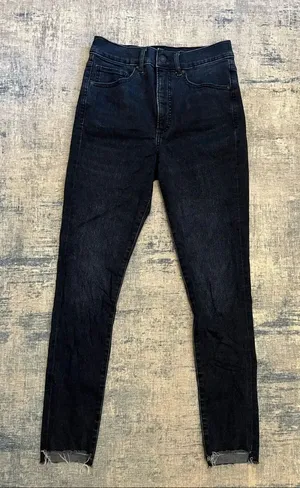 Express Dark Blue High Rise Asymmetrical Distressed Hem Skinny Jeans Size 4R thumbnail 1