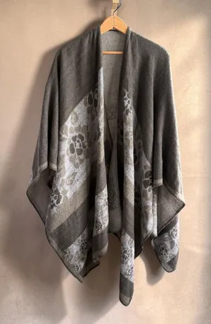 Floral Knit Poncho Wrap Open Front‎ Shawl Olive Brown Bohemian One Size OS thumbnail 1