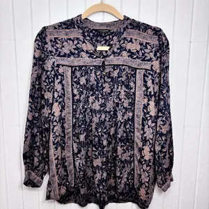 LUCKY BRAND Top Blue Pink Floral Pin-tucked Front Boho 3/4 sleeve shirt size‎ M thumbnail 3