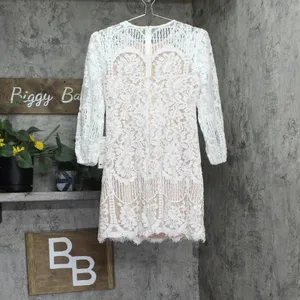 Vince Camuto Petite Jewel-Neck Lace Shift Dress Ivory Off White / Beige Brown 2P thumbnail 2