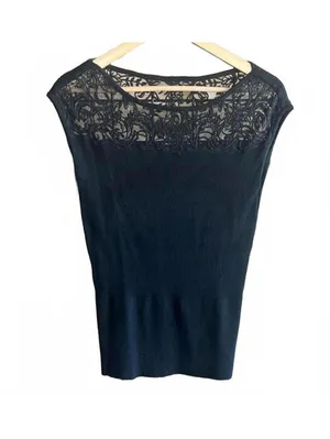 White House | Black Market Whimsigoth Black Lace Neckline Cap Sleeve Knit Top Small Office Siren thumbnail 2