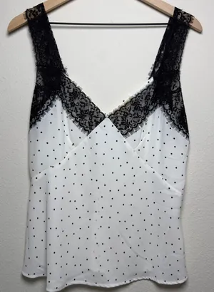 Lovestitch‎ Women Babydoll Tank Top Large White Black Polka Dot Lace Trim Whimsy thumbnail 1