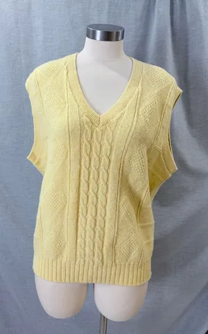 Vintage Style Yellow Cable Knit‎ V-Neck Sweater Vest Sleeveless Pastel Top L thumbnail 1
