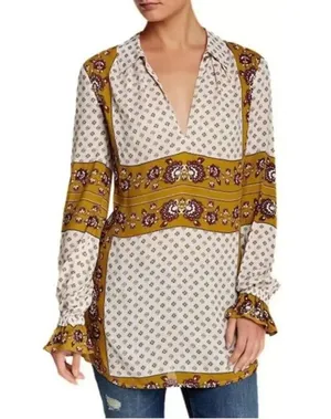***Free People Bohemian Changing Times Printed Blouse Tea, sz M thumbnail 1
