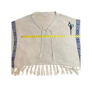 Double Zero Cream Fringe Knit Poncho Sweater Navy Blue Aztec Detail Size Medium thumbnail 6