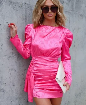 New- Katherina Satin Embossed Ruched Mini Dress - Pink thumbnail 1