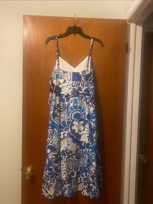 By & By Large Blue & White Tropical Print Dress thumbnail 2