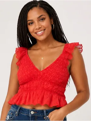 Urban Outfitters Red Ruffled Smocked V-Neck Crop Tank Size Medium thumbnail 1