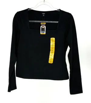 Express Black Square Neck Long Sleeve Tee Shirt Cotton Blend NWT Womens Medium thumbnail 1