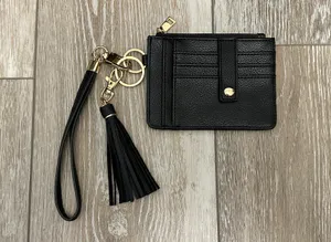 Black Leather Faux (?) ID Cards Wallet Key Fob Tassel Accent Wristlet Strap thumbnail 2