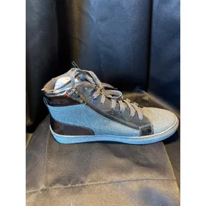 Silver Glitter High Top Sneakers Metallic Patent Trim Double Zip Fashion Shoes‎ thumbnail 2