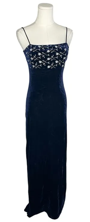 90s Vintage Roberta Navy Blue Velvet Silver Embroidered Evening Gown Whimsigoth thumbnail 1
