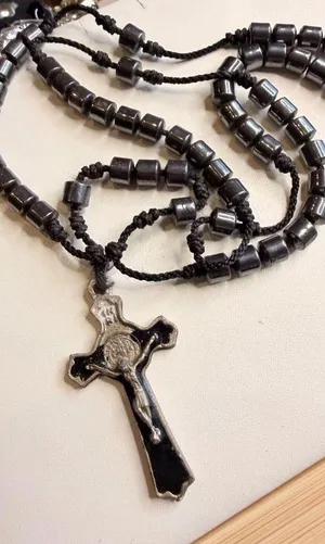 Handmade Black Rosary Necklace With Silver Metal Crucifix Pendant & Beaded Chain thumbnail 1