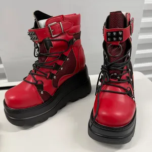 Red Platform Boots Gothic Punk Studded Mesh Wedge Ankle Boots Red Black Size 38 thumbnail 3