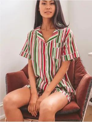 Printfresh Green, Red, Pink, & White Striped Short Sleeve Pajama Shirt thumbnail 1
