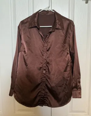 Women’s Satin Button-Up Shirt in Dark Brown thumbnail 1