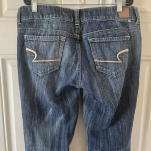 American Eagle Artist Flare Jeans Womens 8 Blue Low Rise Stretch Dark Wash Y2K thumbnail 4