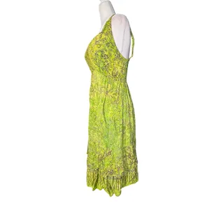 Vintage Lime‎ Green Batik Rayon Tiered Sundress Boho Tropical Midi Dress Artsy thumbnail 4