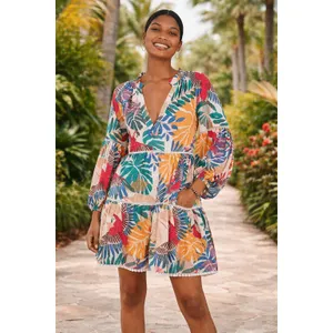 FARM Rio Tropical Parrot Leaf Print Tiered Mini Dress Size Small thumbnail 8