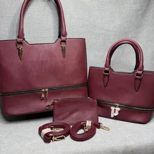 3 Piece Handbag Set‎ Burgundy Maroon Vegan Leather Tote Satchel Crossbody thumbnail 1