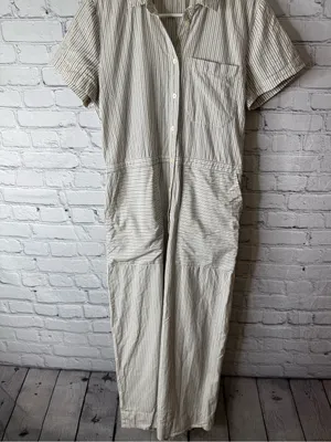 Madewell Cream and Navy Striped Button-Up jumpsuit wide leg size large thumbnail 2