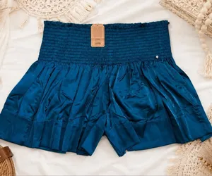 Natural Life NWT Boho Teal Smocked Satin Flowy Shorts M Cottagecore thumbnail 1