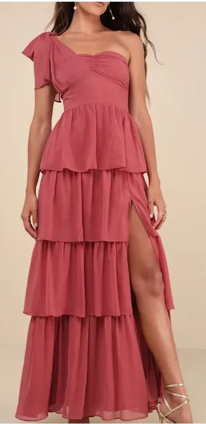NWT Lulus Elevated Vision Rusty Rose One-Shoulder Tiered Maxi Dress thumbnail 1