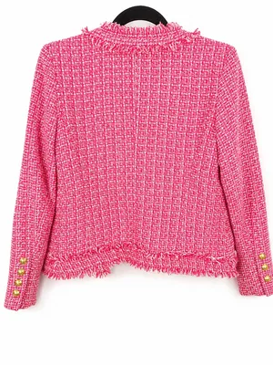 Saks Fifth Avenue Tweed Jacket XS Pink Frayed Trim Open Front Blazer thumbnail 3