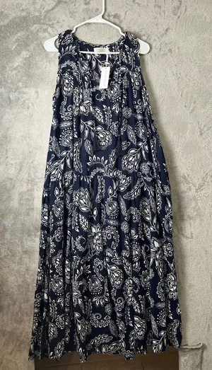 Seafolly Folklore Midi Dress True Navy Boho Coastal Resort Flowy Sundress MD New thumbnail 1