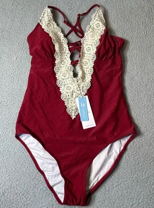 Cupshe Swimsuit Womens M Burgundy Lace Plunge One Piece‎ Swimsuit NEW thumbnail 1