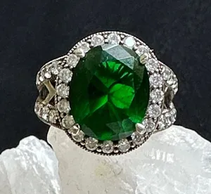 Sterling & glass EUC ring. Green oval glass stone w/ CZ halo set in 925 silver thumbnail 1
