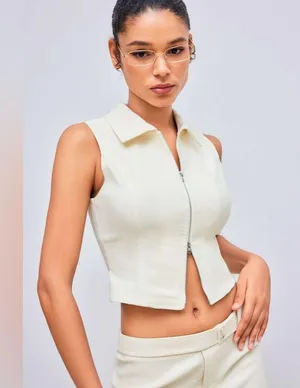 NWOT Cider Woven Collar Solid Zipper Tank Top Beige | TAGS CUT OUT SEE NOTES thumbnail 7