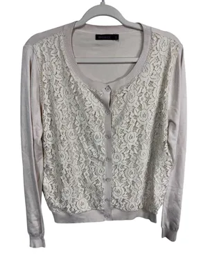 Mikarose‎ XL Cream Cardigan Women's Lace Front Button Up Modest Romantic thumbnail 1