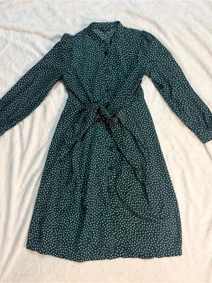 Lumie Dark Green Polka Dot Midi Dress with Tie Waist thumbnail 2