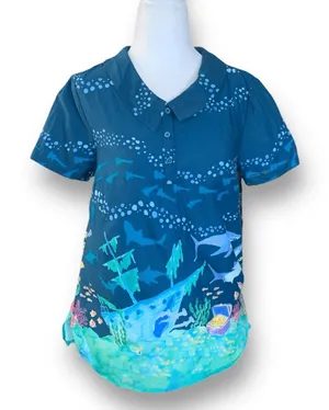ModCloth Ocean Shark‎ Print Blouse Peter Pan Collar Blue Nautical Top Retro thumbnail 1
