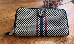 Tory Burch Woven Leather Checkerboard Zip Continental Wallet Navy White OS thumbnail 1