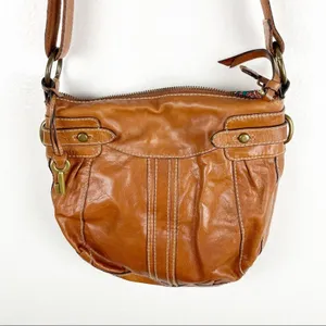 FOSSIL Brown Leather Stitched Adjustable Strap  Paisley Lined Shoulder Bag Boho thumbnail 11
